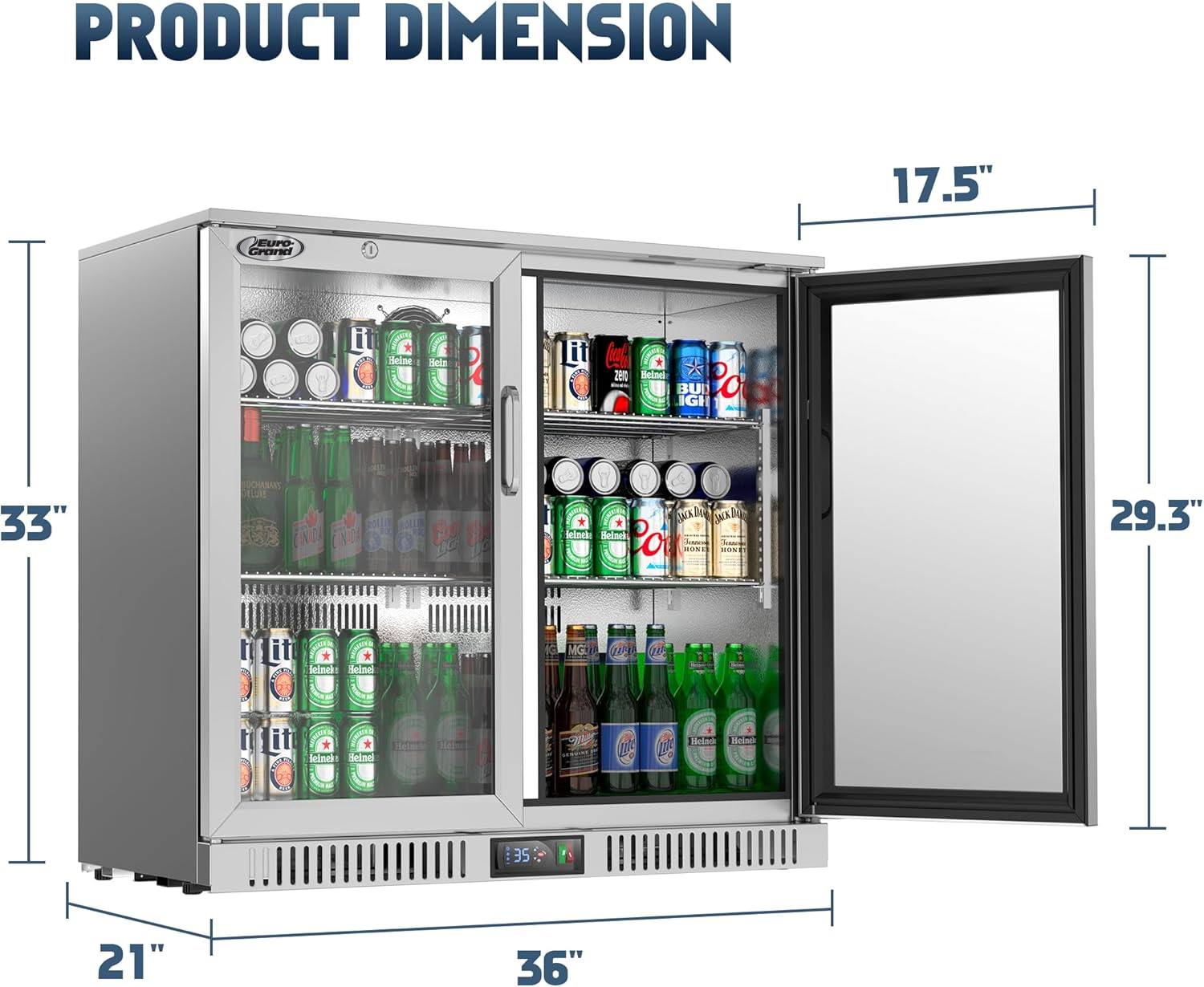 Euro-Grand Tropical Rated Double Glazed 304 SS 2-Door Stainless Steel Under Counter Can Cooler Wine Bar Fridge 198L - Image 5