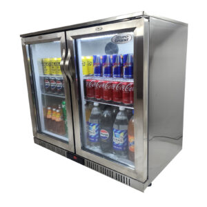 Euro-Grand Tropical Rated Double Glazed 304 SS 2-Door Stainless Steel Under Counter Can Cooler Wine Bar Fridge 198L
