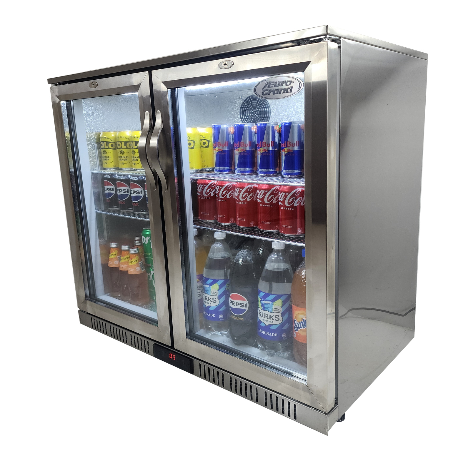 Euro-Grand Tropical Rated Double Glazed 304 SS 2-Door Stainless Steel Under Counter Can Cooler Wine Bar Fridge 198L