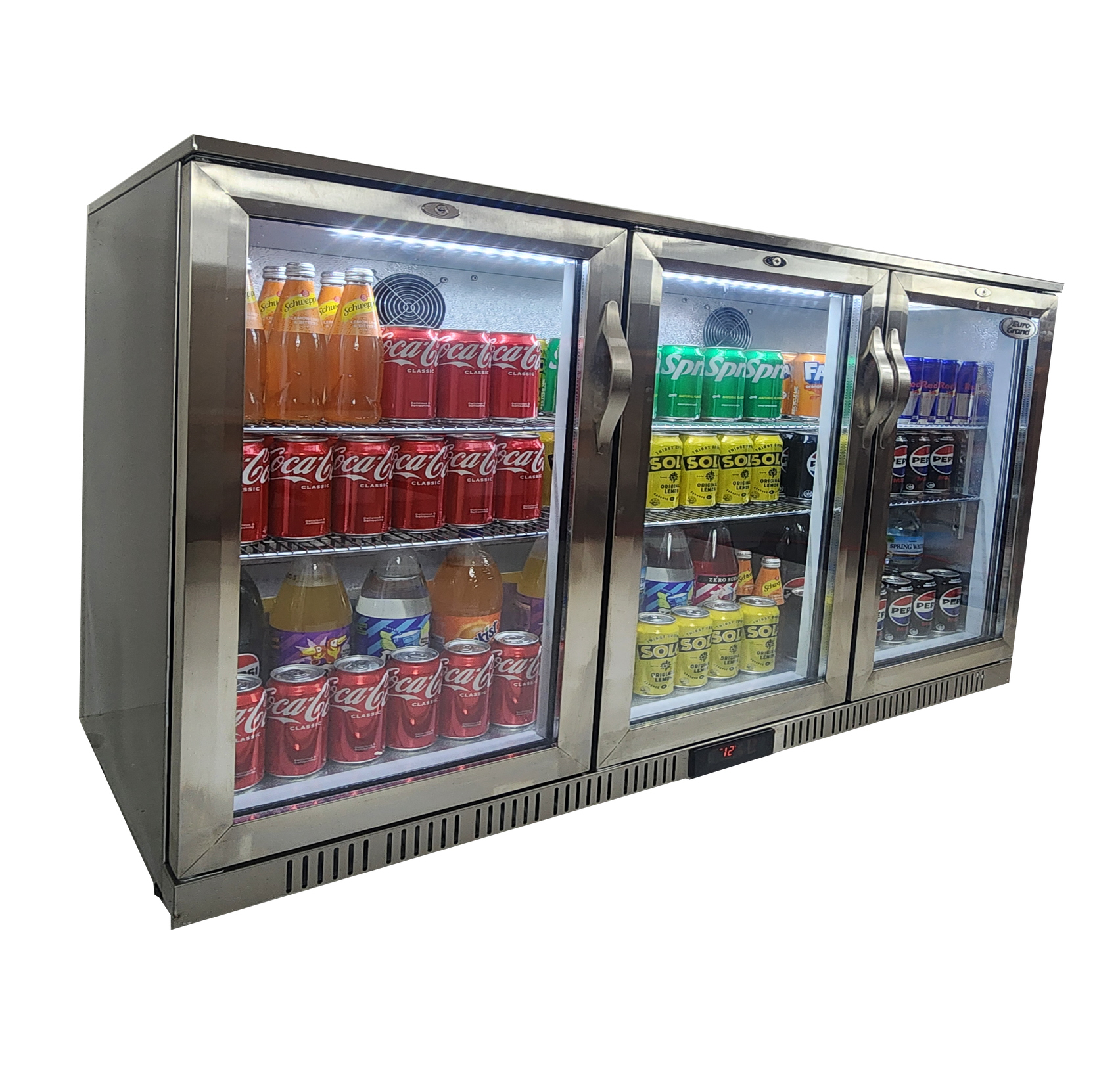 Euro-Grand Commercial Double Glazed, 304 Stainless Steel 3-Door Under Counter Can Cooler Wine Bar Fridge 320L